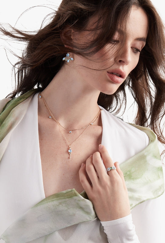 Confetti moonstone collection by LORIANN jewelry worn by model