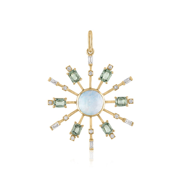 MOONSTONE STAEMENT PENDANT WITH SAPPHIRES AND DIAMOND ACCENTS IN 14K GOLD
