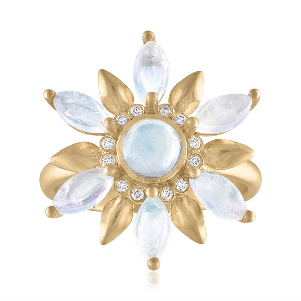 Moonstone Flower Ring with Diamonds