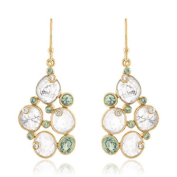 Diamond slice and green sapphire cluster earrings