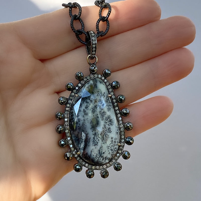 DENDRITE OPAL DOUBLET PENDANT WITH BLACK SPINEL AND DIAMONDS