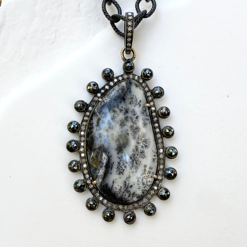 DENDRITE OPAL DOUBLET PENDANT WITH BLACK SPINEL AND DIAMONDS 