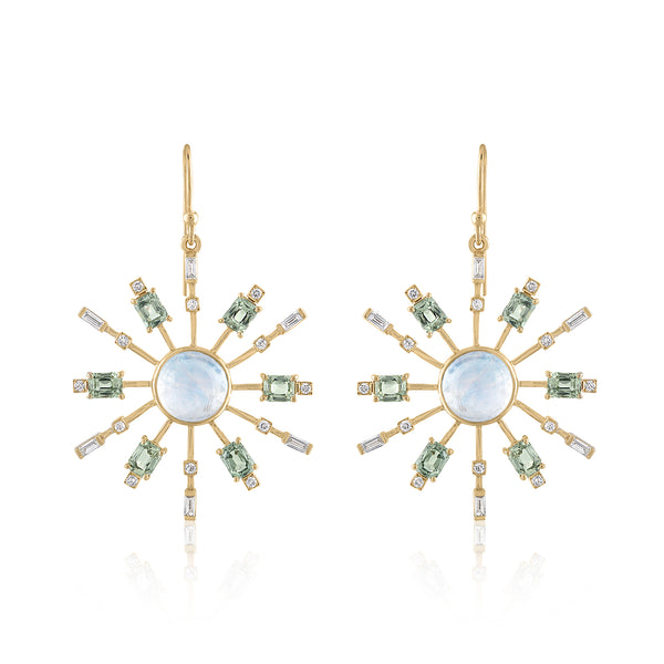 Statement earrings with green sapphires moonstone and diamonds