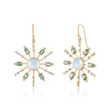 starburst Moonstone earrings with green sapphires and diamonds in 14K gold