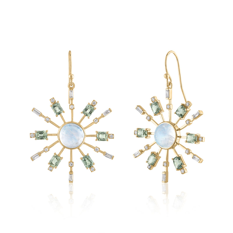 starburst Moonstone earrings with green sapphires and diamonds in 14K gold