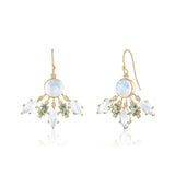 MOONSTONE EARRINGS WITH GREEN SAPPHIRES AND DIAMOND ACCENTS SET IN 14K GOLD