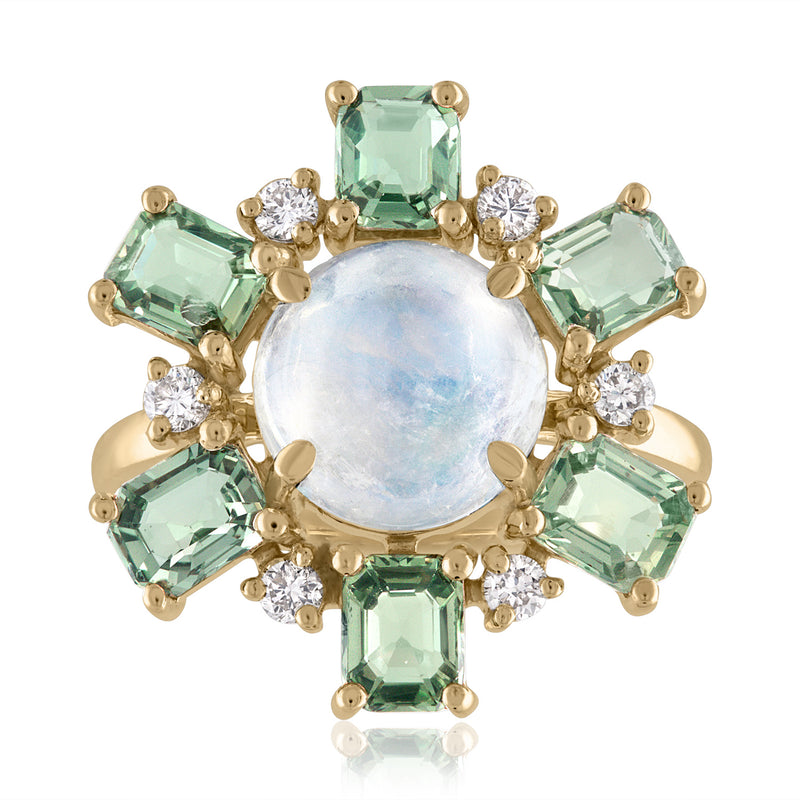 moonstone and green sapphire statement ring with diamonds