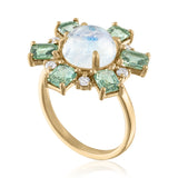 Moonstone ring with green sapphires and diamonds set in 14K gold