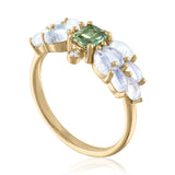 Moons and green sapphire freedom ring with diamonds set in 14K gold