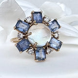 MOONSTONE AND SAPPHIRE RING 14K
