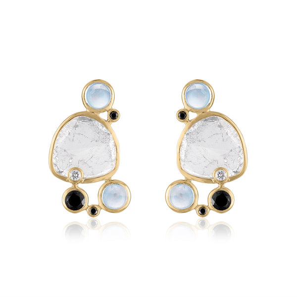 Miró inspired diamond slice earring with moonstones and black spinel