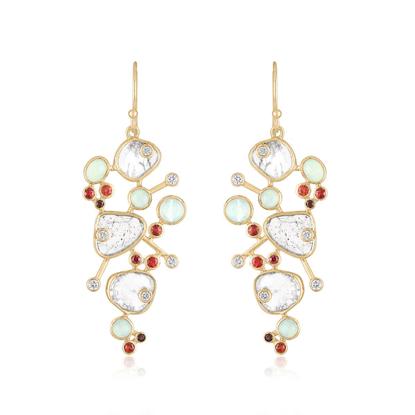 DIAMOND SLICE EARRINGS WITH OPALS AND ORANGE SAPPHIRES INSPIRED BY MIRÓ