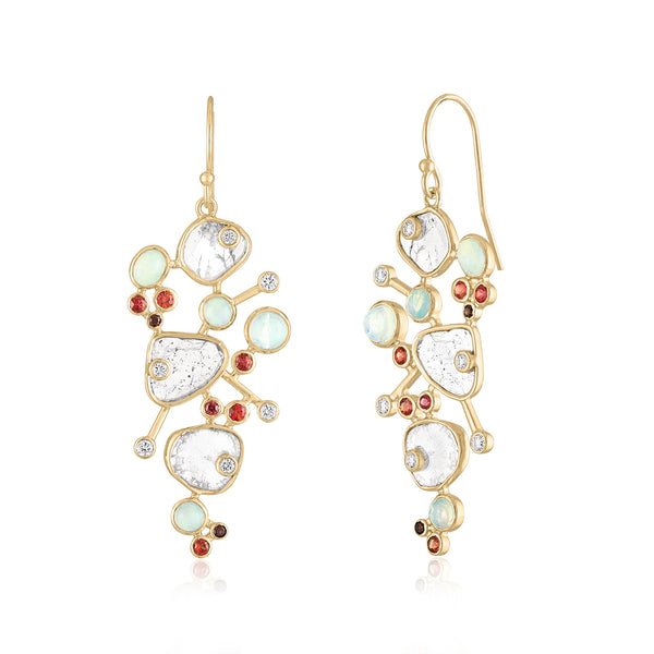 MIRÓ INSPIRED DIAMOND SLICE EARRINGS WITH DIAMOND SLICES, OPALS AND ORNAGE SAPPHIRE