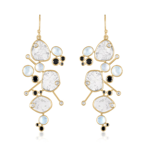 Large diamond slice earrings with moonstones and diamonds, inspired by Miró