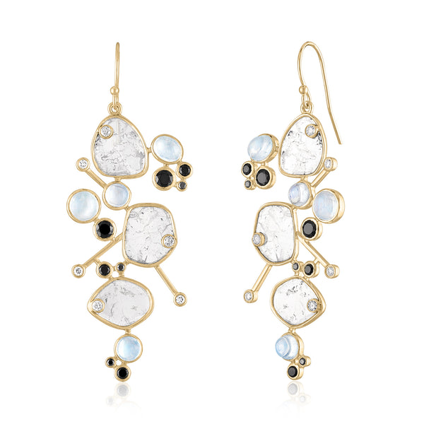 Diamond slice earrings with moonstones and black diamonds and spinel