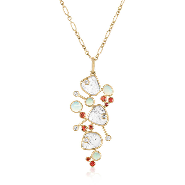 Miró inspired diamond slice cluster pendant with opals and orange sapphires
