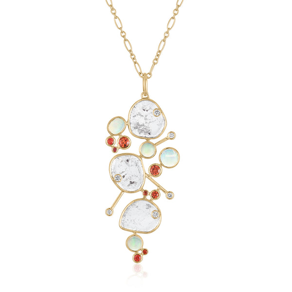 Miró inspired diamond slice pendant with opals and orange sapphires