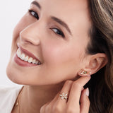 Model wearing leaf ear climber earring with tourmaline and diamonds