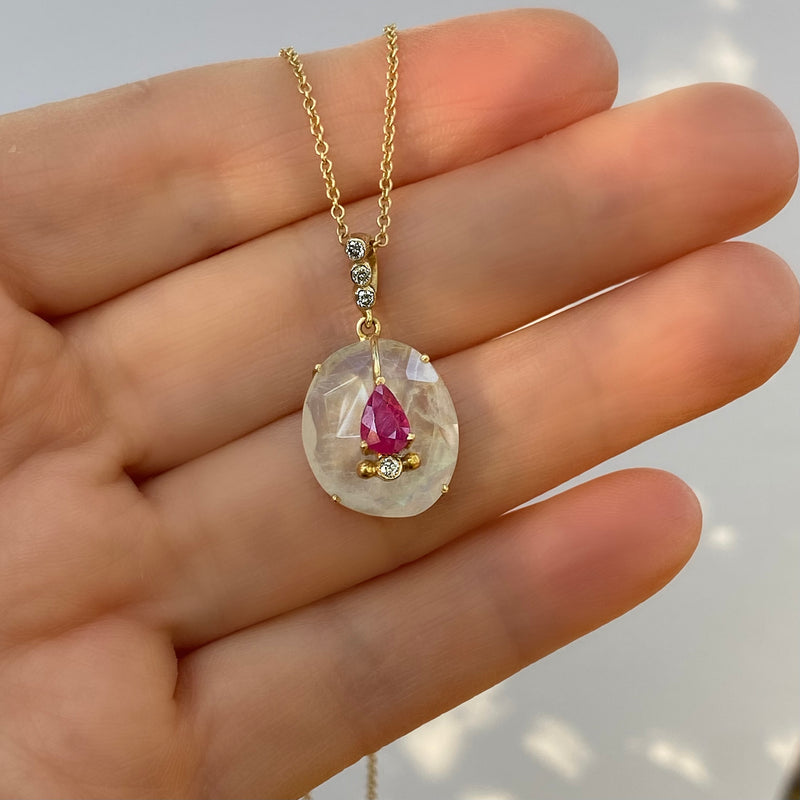 Moonstone and ruby pendant with diamond accents 14k gold