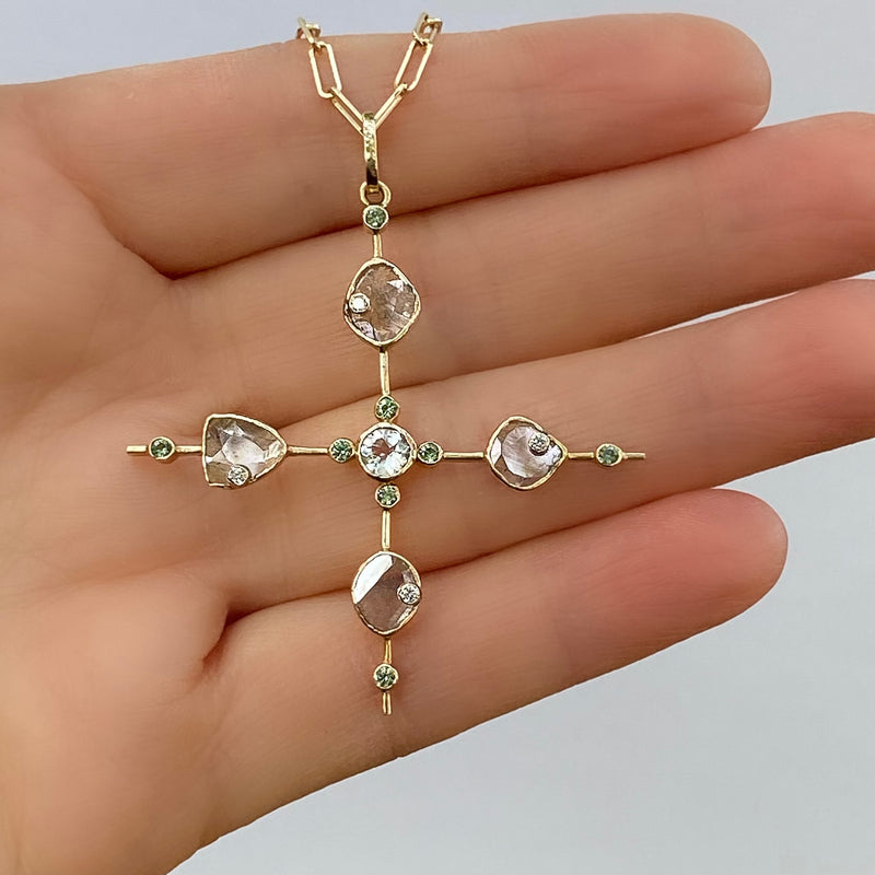 Diamond slice pendant with white diamond accents green sapphires with topaz and sapphires 14k gold 