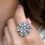 FLORAL CLUSTER RING WITH DIAMONDS  AND RHODIUM SILVER