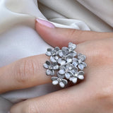 FLORAL CLUSTER RING WITH DIAMONDS  AND RHODIUM SILVER