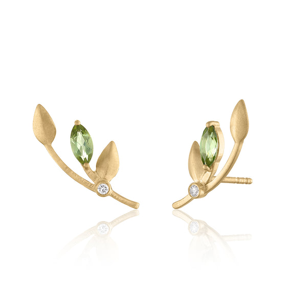 Ear climber earring with tourmaline and diamonds in 14K gold