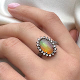 ETHIOPIAN OPAL RING WITH DIAMONDS AND  RHODIUM SILVER
