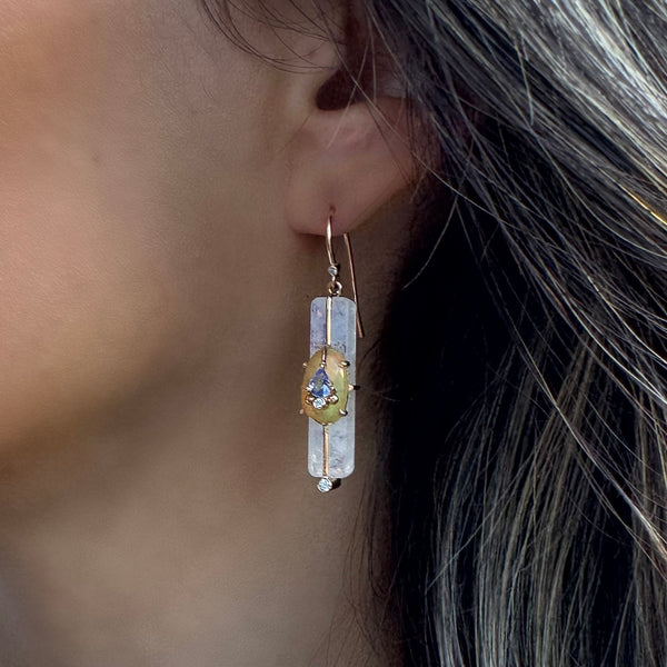 Moonstone Stick Earrings with Opal and Tanzanite