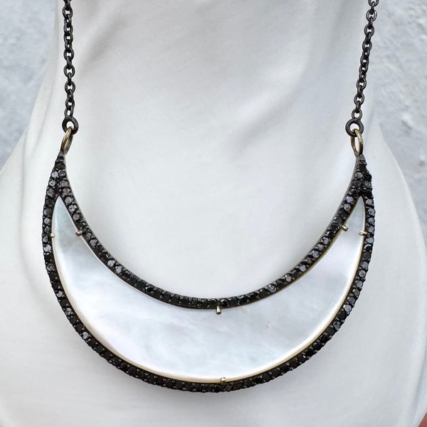 MOTHER OF PEARL CRESCENT MOON PENDANT WITH BLACK DIAMONDS