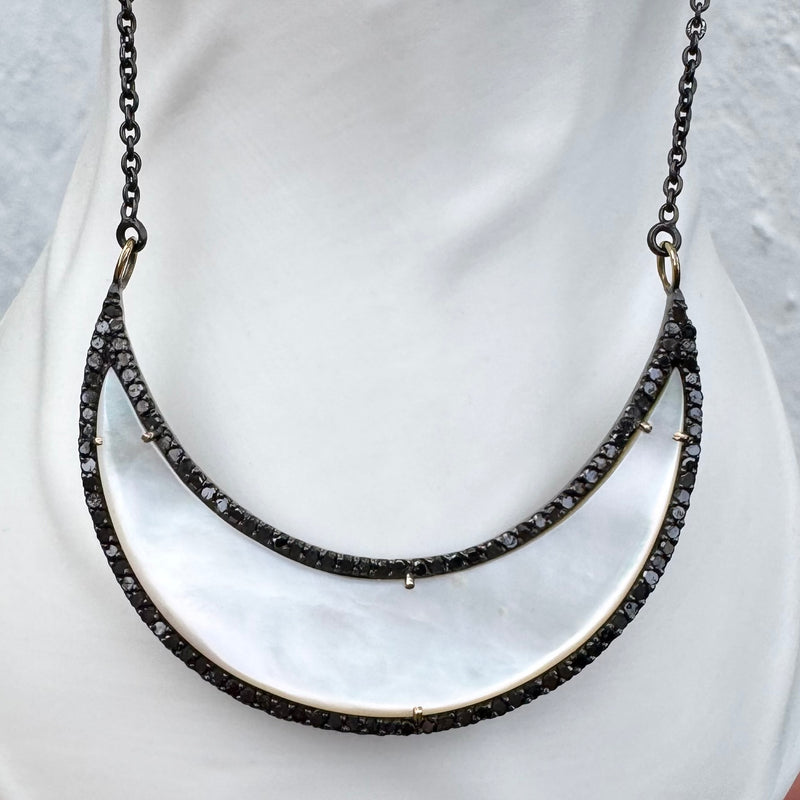 MOTHER OF PEARL CRESCENT MOON PENDANT WITH BLACK DIAMONDS