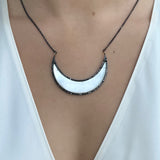 MOTHER OF PEARL CRESCENT MOON PENDANT WITH BLACK DIAMONDS