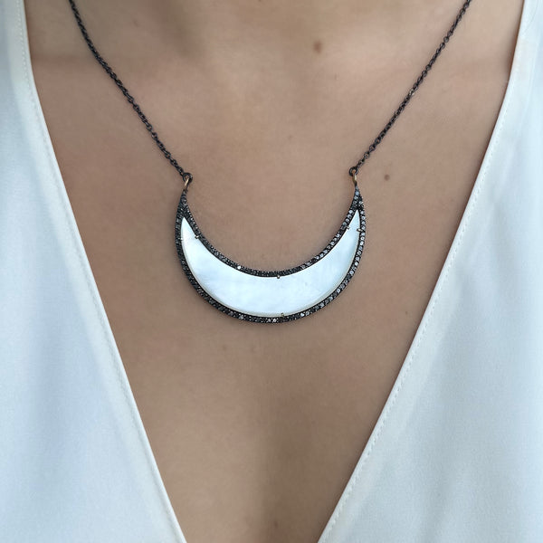 MOTHER OF PEARL CRESCENT MOON PENDANT WITH BLACK DIAMONDS