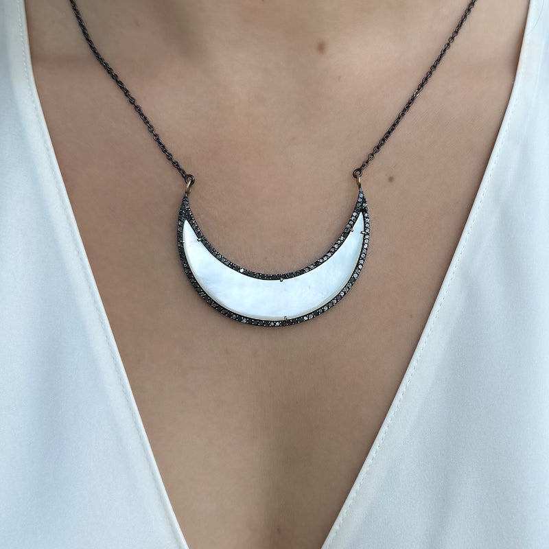 MOTHER OF PEARL CRESCENT MOON PENDANT WITH BLACK DIAMONDS