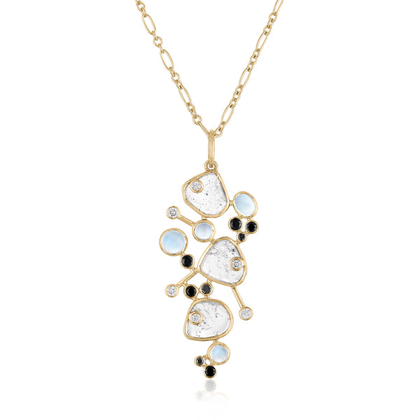 DIAMOND SLICE CLUSTER PENDANT WITH MOONSTONES AND BLACK SPINEL INSPIRED BY MIRÓ