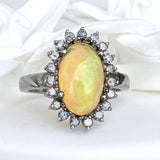 ETHIOPIAN OPAL RING WITH DIAMONDS AND  RHODIUM SILVER