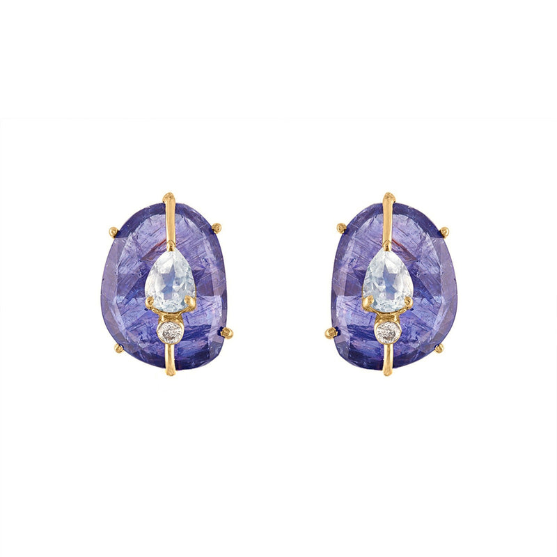 TANZANITE STUD EARRINGS WITH MOONSTONE  AND DIAMONDS