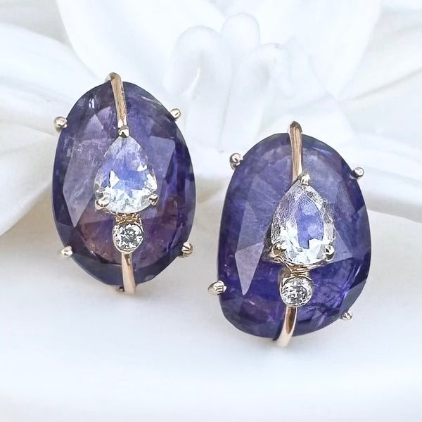 TANZANITE STUD EARRINGS WITH MOONSTONE  AND DIAMONDS
