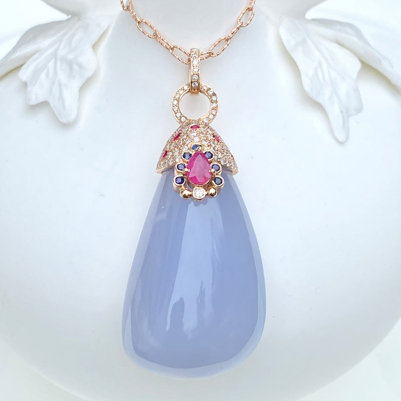 ONE-OF-A-KIND STATEMENT DROP PENDANT WITH CHALCEDONY, RUBY AND SAPPHIRES