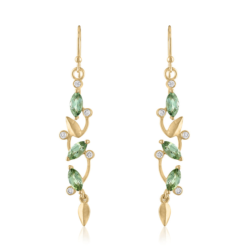 DANGLING  GREEN TOURMALINE EARRINGS WITH DIAMOND ACCENTS IN 14K GOLD
