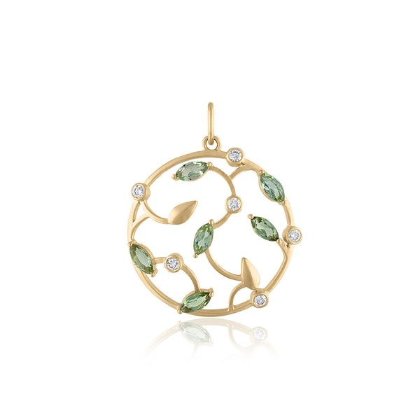 BOTANICAL PENDANT WITH GREEN TOURMALINES AND DIAMONDS IN 14K GOLD