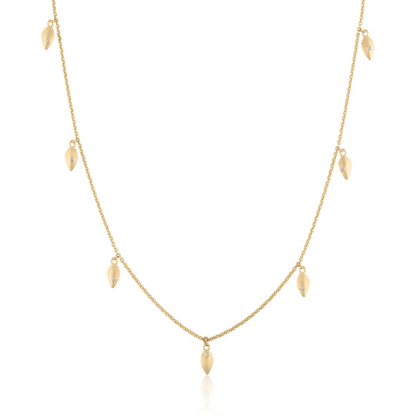 GOLD CHAIN FOR LAYERED LOOKS WITH 14K BRUSHED LEAVES AND DIAMONDS