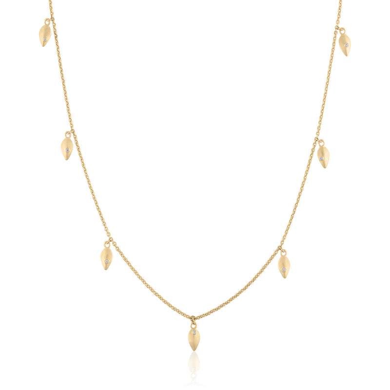 GOLD CHAIN FOR LAYERED LOOKS WITH 14K BRUSHED LEAVES AND DIAMONDS