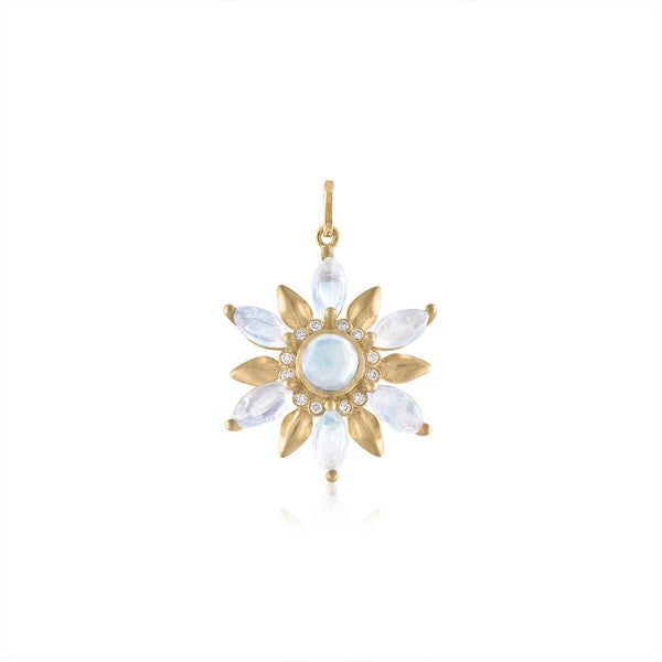 Stargazer pendant with moonstones, diamonds and 14K gold leaves