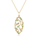 14K GOLD AND GREEN TOURMALINE AND DIAMOND LEAF SHAPED PENDANT WIWTH CHAIN