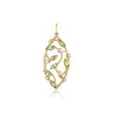 FACE VIEW 14 GOLD PENDANT WITH GREEN TOURMALINE AND DIAMOND IN A LEAF SHAPE
