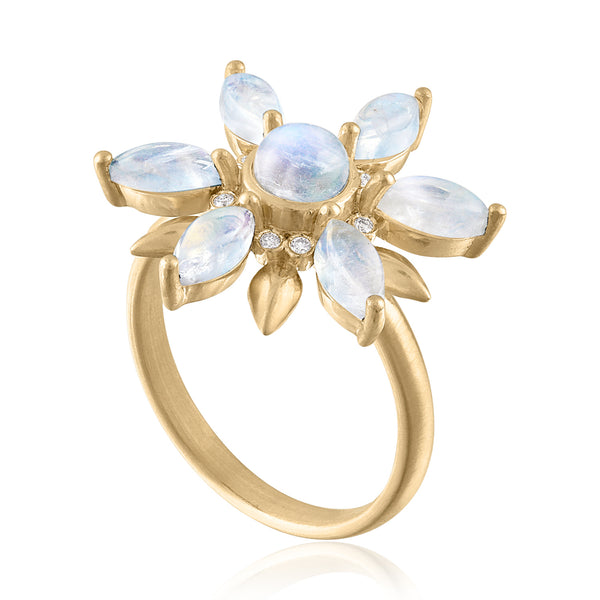 Moonstone and diamond flower ring in 14K gold