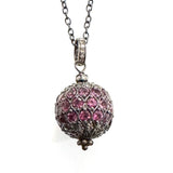 RHODOLITE GARNET SPHERE NECKLACE WITH  DIAMONDS, RHODIUM SILVER