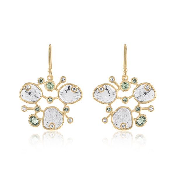 DIAMOND SLICE CLUSTER EARRINGS WITH GREEN SAPPHIRES