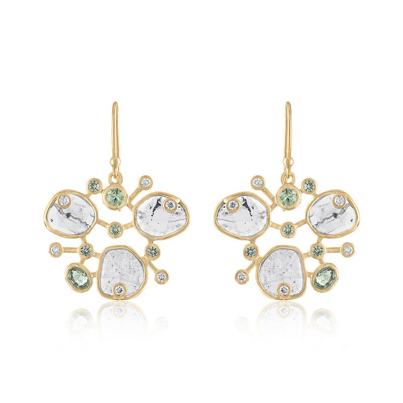 DIAMOND SLICE CLUSTER EARRINGS WITH GREEN SAPPHIRES